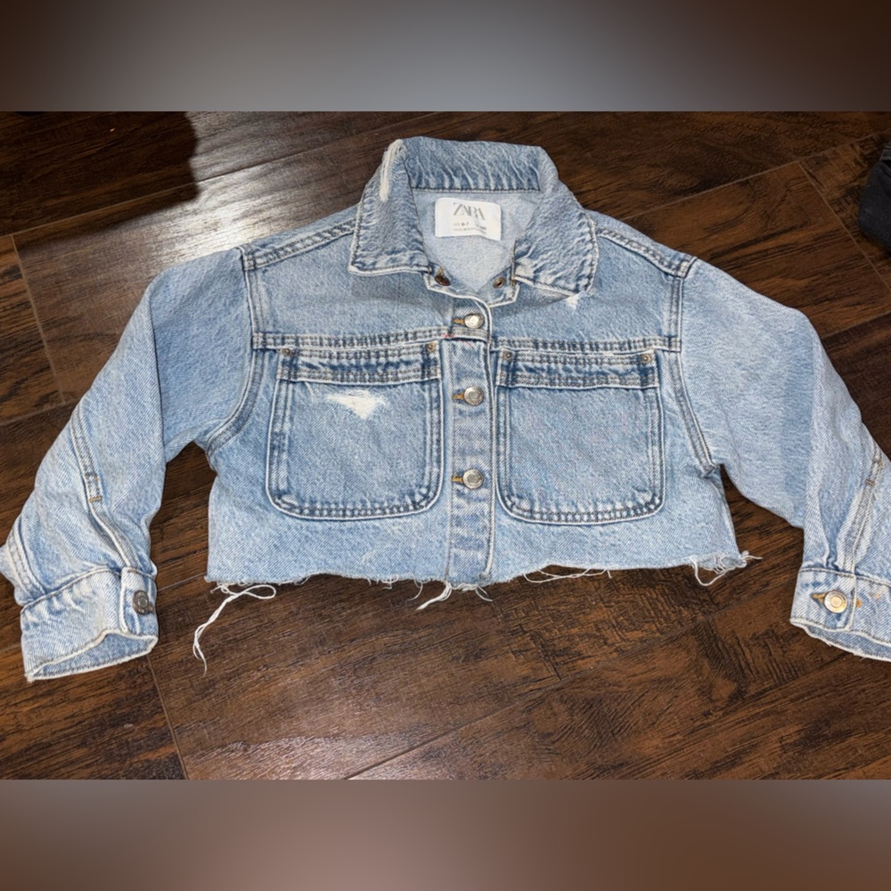 Zara Cropped Factory Destroyed Denim Jacket Size 6-7